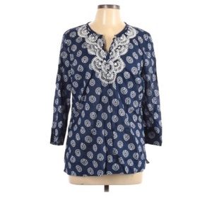 Talbots navy tunic top with bead embroidery detail